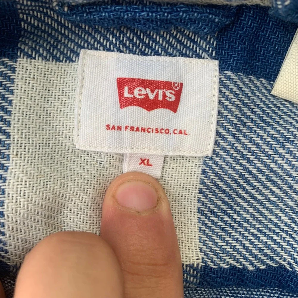 Levis Mens XL Blue White Buffalo Check Flannel Button Down Long Sleeve Shirt